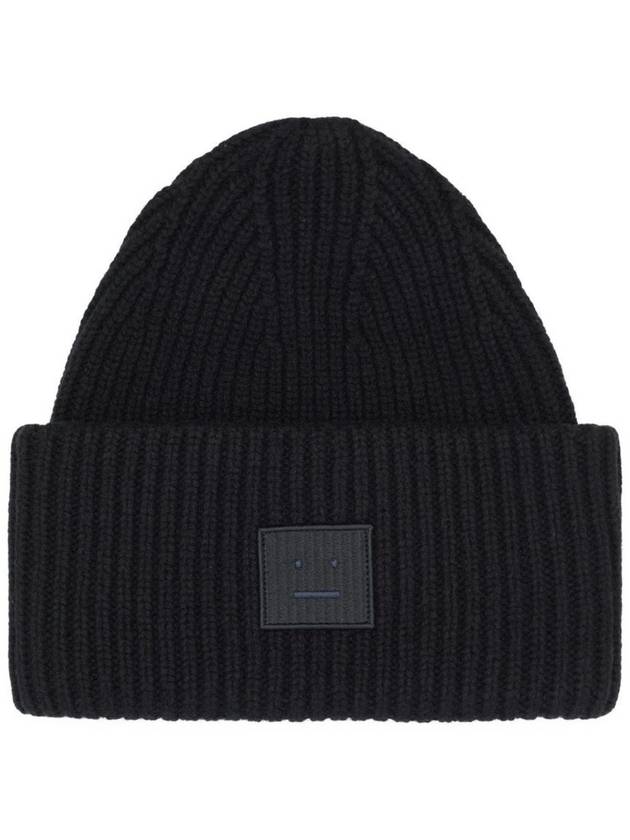 Face Patch Ribbed Wool Beanie Black - ACNE STUDIOS - BALAAN 2