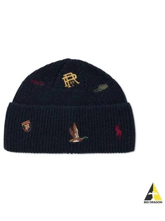 Embroidered detail wool blend beanie navy - POLO RALPH LAUREN - BALAAN 1