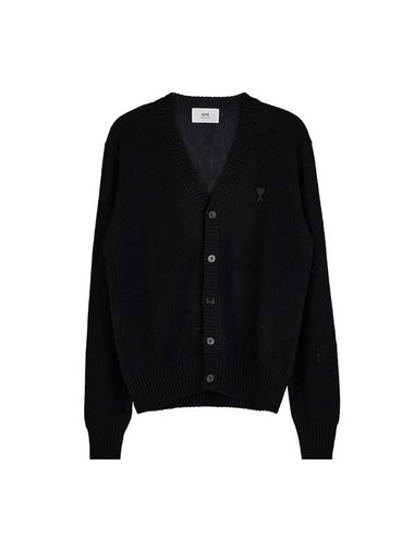 Small Heart Logo V-Neck Cardigan Black - AMI - BALAAN 1