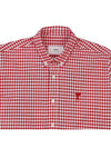 Small Heart Logo Gingham Button Long Sleeves Shirt Red - AMI - BALAAN 4