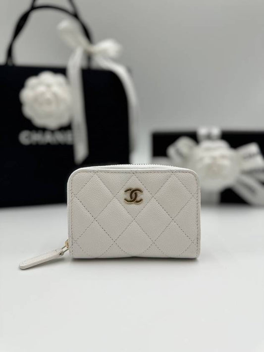 Women's classic zipper card wallet caviar white gold AP0216 - CHANEL - BALAAN 1