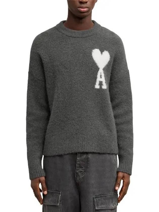 Intarsia Logo Crewneck Knit Top Dark Grey - AMI - BALAAN 3