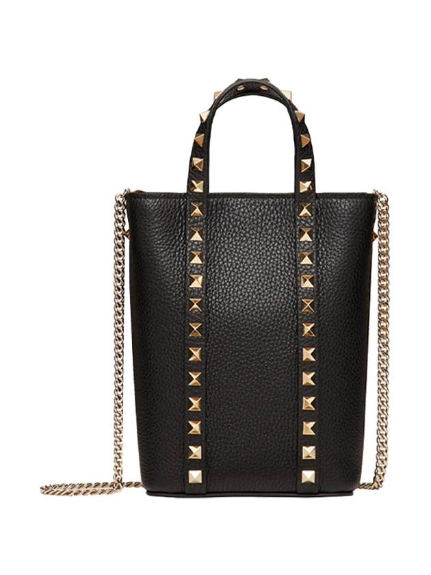 Rockstud Grained Leather Chain Tote Bag Black - VALENTINO - BALAAN 1