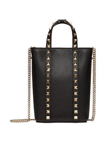 Rockstud Grained Leather Chain Tote Bag Black - VALENTINO - BALAAN 1