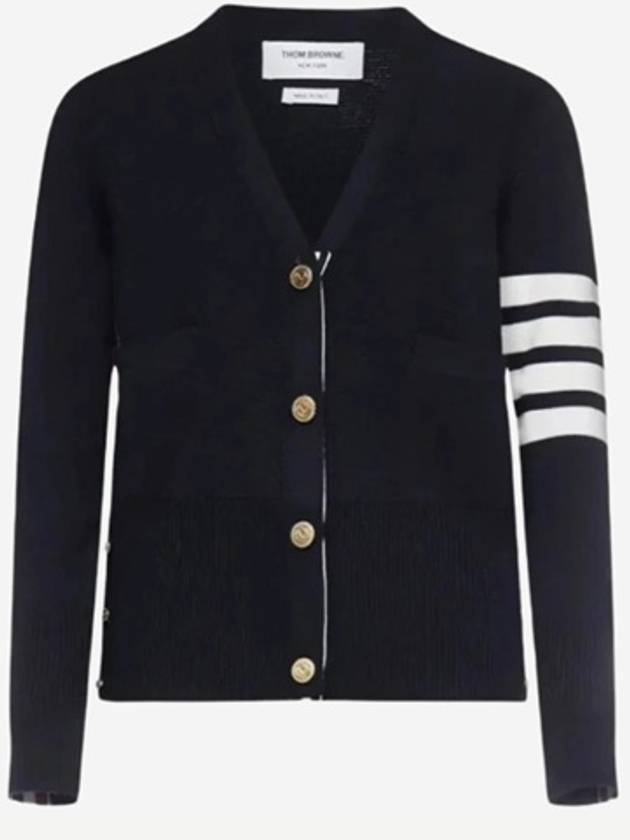 Milano Stitch 4 Bar Classic V Neck Fine Merino Wool Cardigan Navy - THOM BROWNE - BALAAN 2