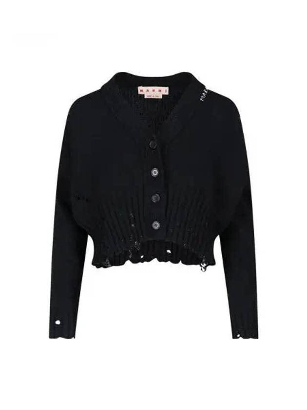 Embroidered Logo Distressed V-Neck Crop Cardigan Black - MARNI - BALAAN 2