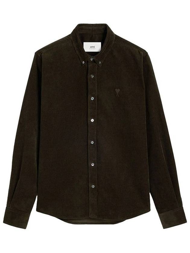 Embroidered Logo Corduroy Velvet Long Sleeve Shirt Dark Coffee - AMI - BALAAN 2