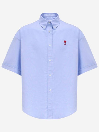 Men's Boxy Fit Embroidered Logo Short Sleeve Shirt Light Blue - AMI - BALAAN 2