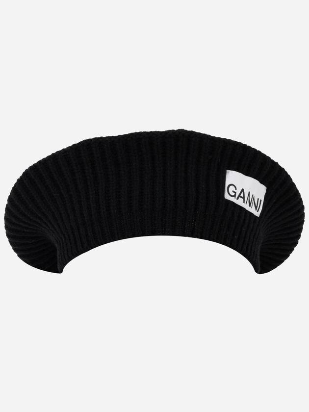 Logo Rib Edge Wool Beret Black - GANNI - BALAAN 4