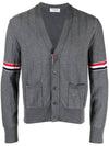 RWB V-neck Striped Virgin Wool Cardigan Grey - THOM BROWNE - BALAAN 1