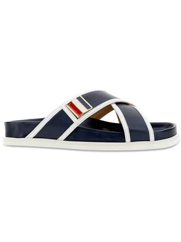 Vitello Calfskin Leather Enamel Buckle Criss Cross Sandal Navy - THOM BROWNE - BALAAN 1