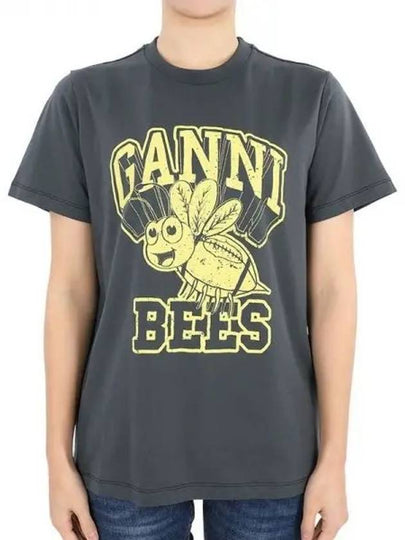 Bee Logo Print Cotton Short Sleeve T-Shirt Grey - GANNI - BALAAN 2