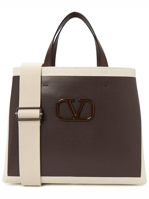 Signature V Logo Canvas Leather Tote Bag Brown - VALENTINO - BALAAN 2