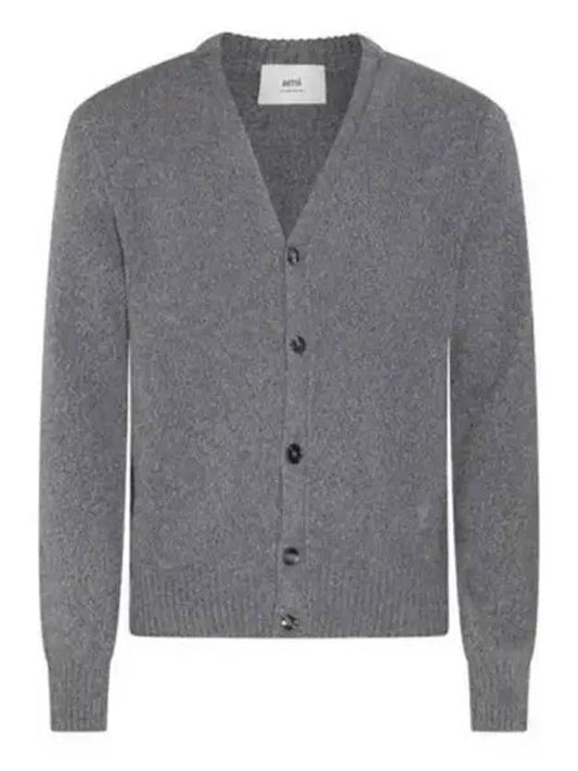 Heart Logo V Neck Cashmere Cardigan Heather Grey - AMI - BALAAN 2