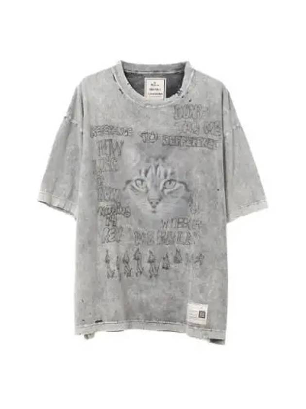 Men s Distressed Cat Print T Shirt A13TS611 GRAY - MIHARA YASUHIRO - BALAAN 1