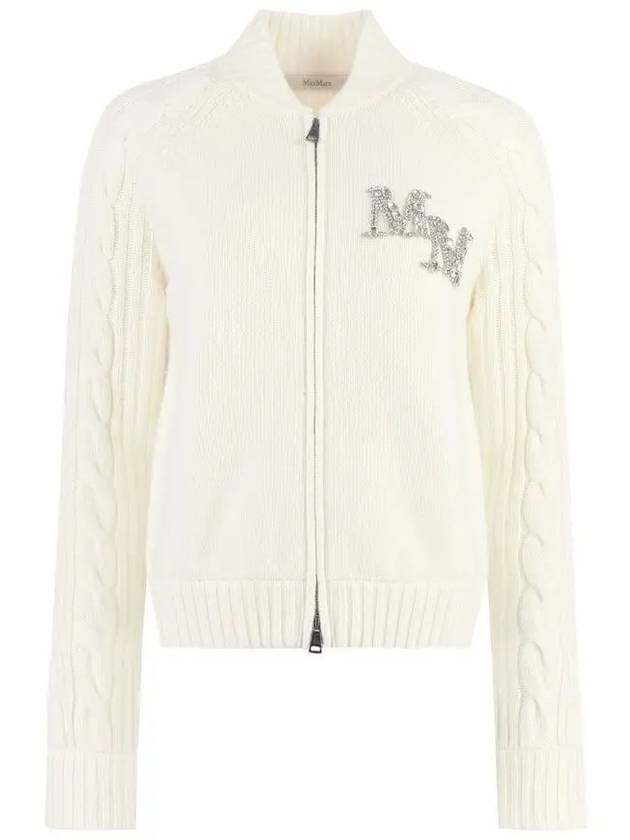 Women's Crystal Logo Wool Cashmere Zip-Up Cardigan White - MAX MARA - BALAAN 2