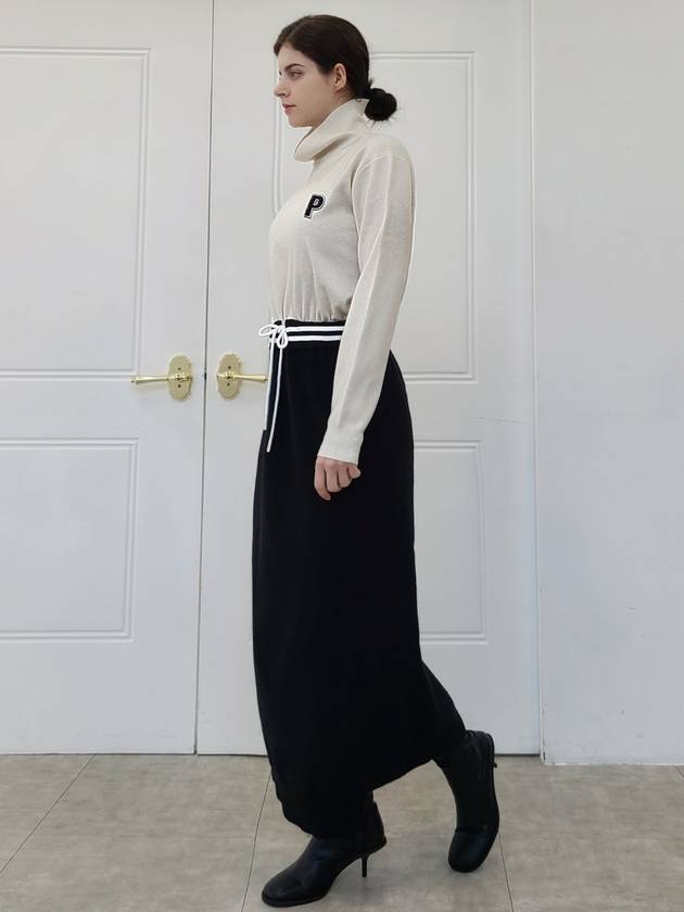 e Women's Sporty Elegance Mixed High Neck Knit Long Dress Ivory Black - PRETONE - BALAAN 3