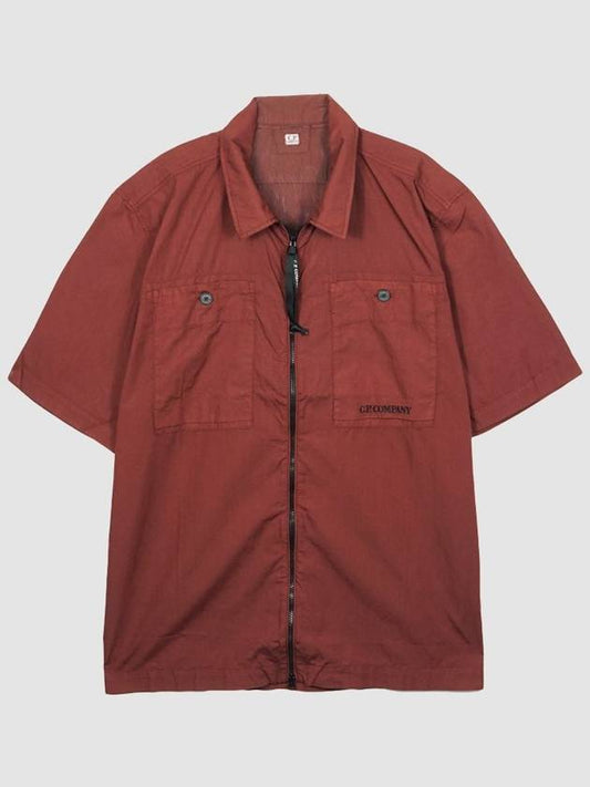 Cotton Ripstop Zipped Short Sleeve Shirt Red - CP COMPANY - BALAAN 1