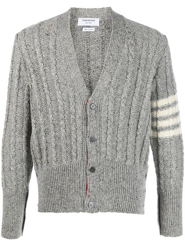 Donegal Twist Cable 4 Bar Classic V Neck Cardigan Light Grey - THOM BROWNE - BALAAN 2