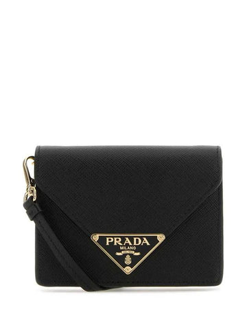 Shoulder Strap Saffiano Leather Card Wallet Black - PRADA - BALAAN 1