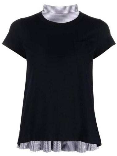 Detailed Pleated Cotton Short Sleeve T-Shirt Black - SACAI - BALAAN 1