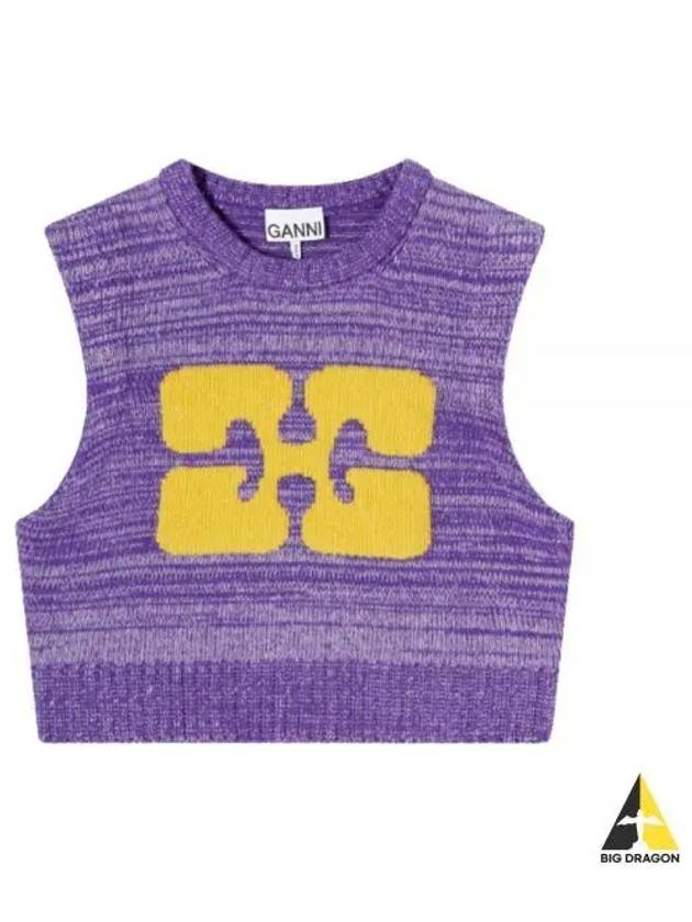 Logo Graphic Cropped Wool Vest Purple - GANNI - BALAAN 2