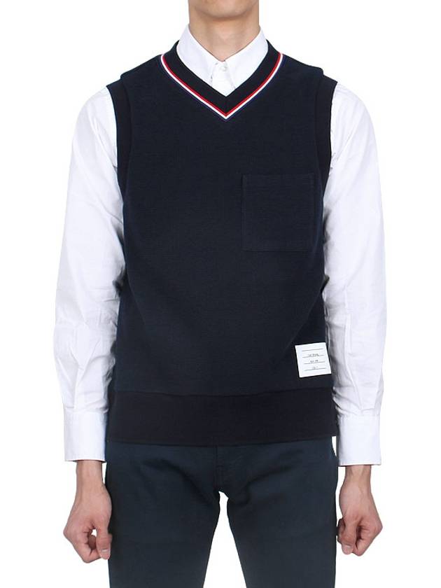 Logo Patch Ribbed Vest Navy - THOM BROWNE - BALAAN 3