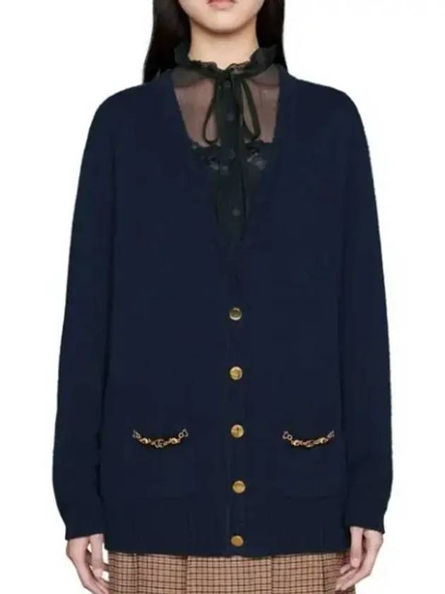 Women's Chain Embellished Cashmere Cardigan Blue - GUCCI - BALAAN 3