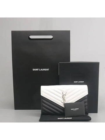 YSL Yip 377828 Black White Matelasse Silver Monogram Medium Clutch and Crossbag - SAINT LAURENT - BALAAN 1