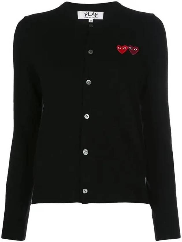 Play Women's Double Heart Logo Patch Wool Cardigan P1 N057 1 Black - COMME DES GARCONS - BALAAN 2