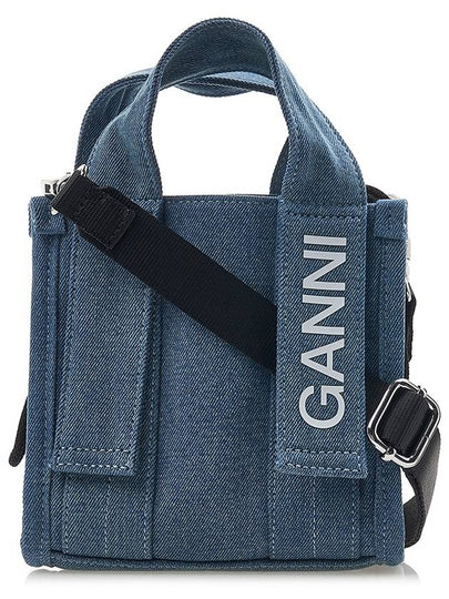 Tech Mini Logo Print Denim Tote Bag Navy - GANNI - BALAAN 2