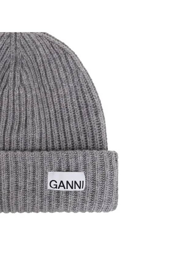 Logo Patch Knit Beanie Grey - GANNI - BALAAN 4