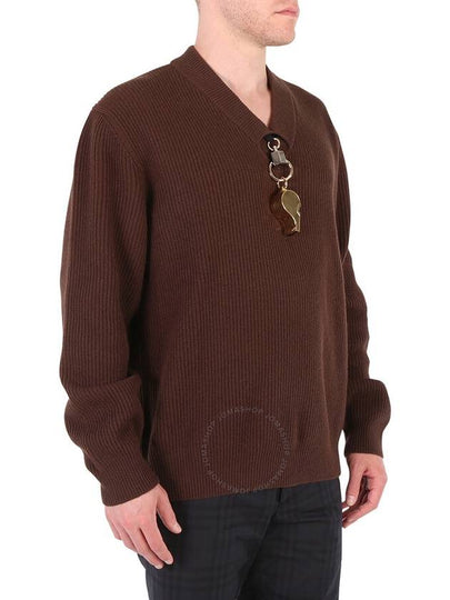 Burberry Men's Brown Wool V-Neck Gold-Plated Whistle Detail Rib Knit Sweater, Size Small - BURBERRY - BALAAN 2