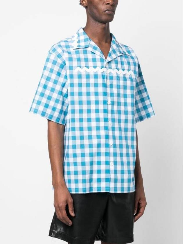 Check Short Sleeve Shirt Blue - PRADA - BALAAN 5