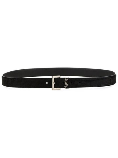 Logo Suede Leather Belt Black - SAINT LAURENT - BALAAN 2