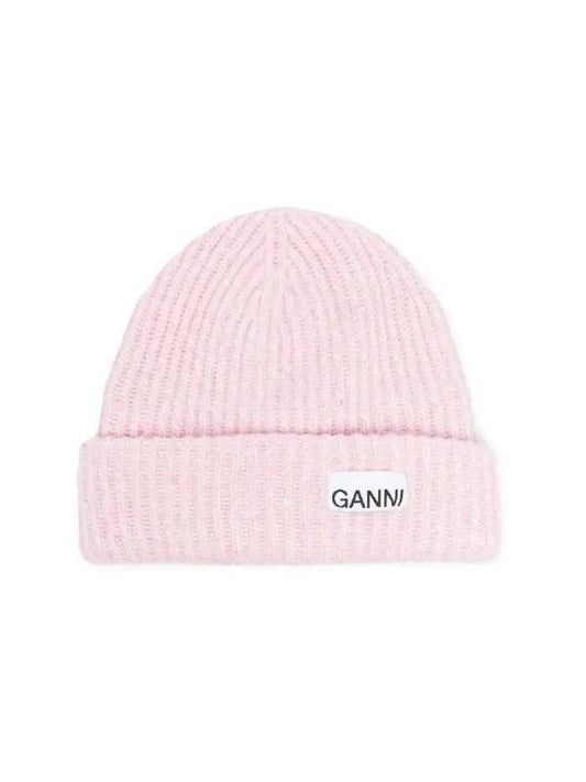 Logo Patch Knit Beanie Pink - GANNI - BALAAN 2