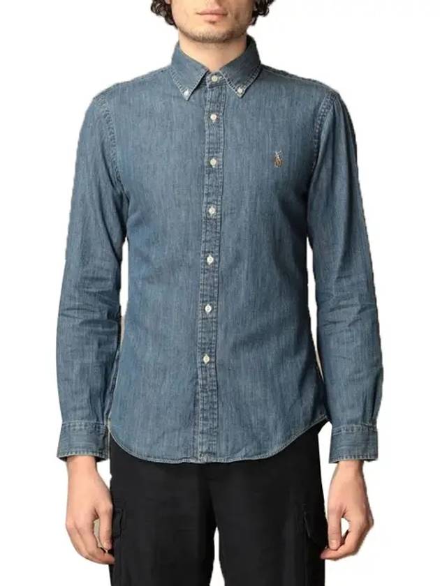 Pony Logo Denim Slim Fit Long Sleeve Shirt Blue - POLO RALPH LAUREN - BALAAN 3