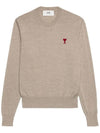 Heart Embroidered Logo Crew Neck Knit Top Beige - AMI - BALAAN 7