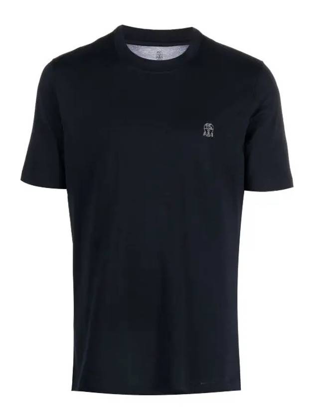 Embroided Logo Crewneck Cotton Short Sleeve T-Shirt Navy - BRUNELLO CUCINELLI - BALAAN 2