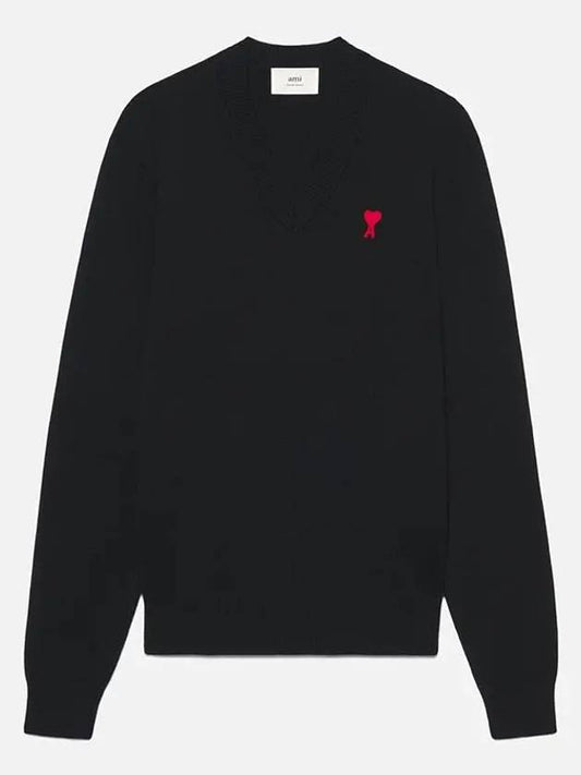 Heart Logo V-Neck Knit Top Black - AMI - BALAAN 2