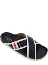 Vitello Calfskin Leather Enamel Buckle Criss Cross Sandal Navy - THOM BROWNE - BALAAN 4