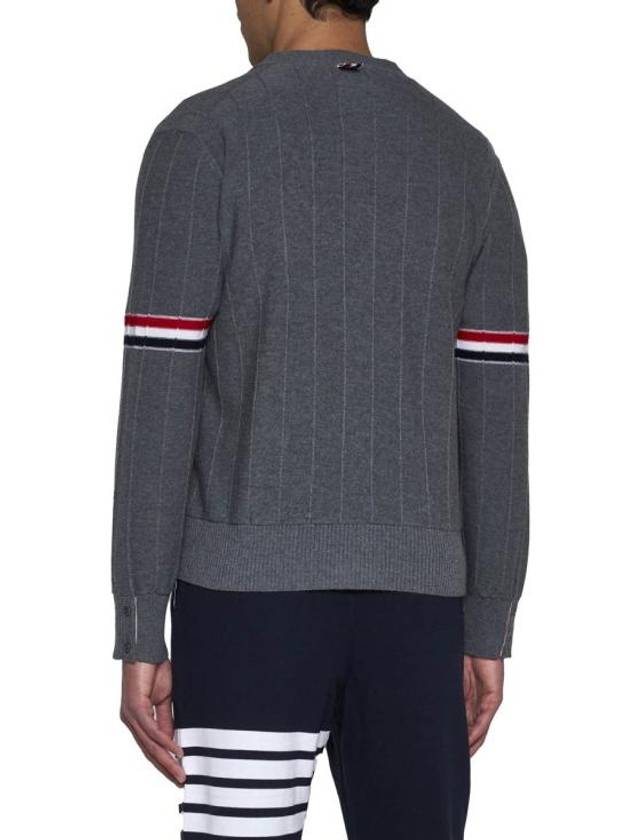 RWB V-neck Striped Virgin Wool Cardigan Grey - THOM BROWNE - BALAAN 5