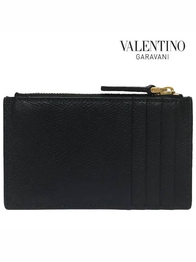 V Logo Signature Leather Card Wallet Black - VALENTINO - BALAAN 4