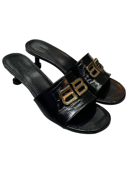 Crocodile Print Leather Groupie Sandal Heels Black - BALENCIAGA - BALAAN.