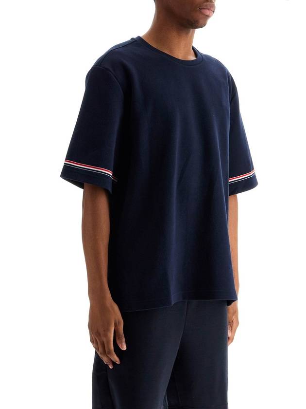 navy blue striped cotton t-shirt with wide neck - THOM BROWNE - BALAAN 2