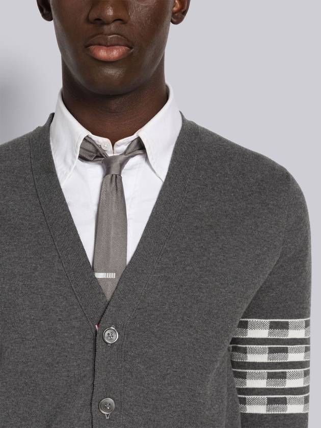 4-Bar V-Neck Hector Jacquard Cotton Cardigan Grey - THOM BROWNE - BALAAN 4