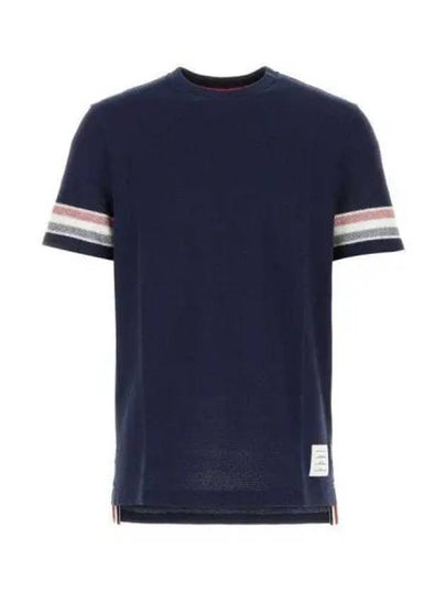 Textured Cotton Stripe Short Sleeve T-Shirt Navy - THOM BROWNE - BALAAN 2