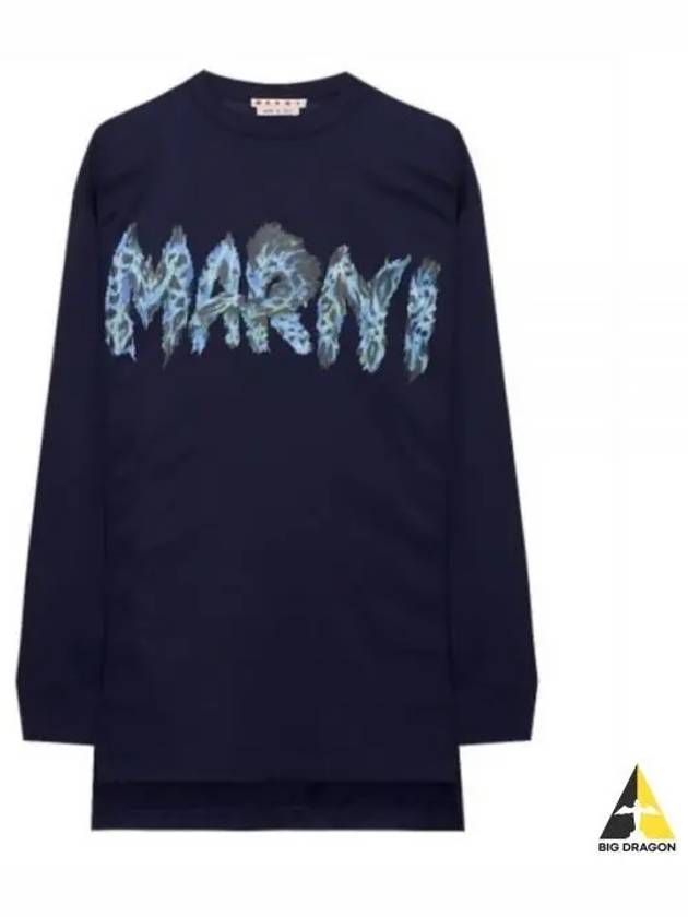 Logo Print Cotton Long Sleeve T-Shirt Navy - MARNI - BALAAN 2