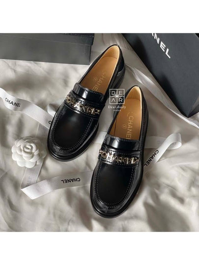 Gold Lettering Shiny Calfskin Loafers Black - CHANEL - BALAAN 2