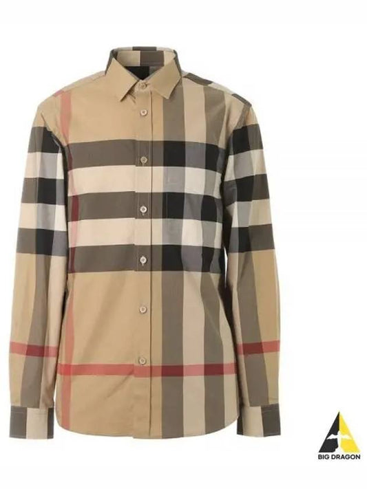 Check Stretch Cotton Poplin Long Sleeve Shirt Beige - BURBERRY - BALAAN 2